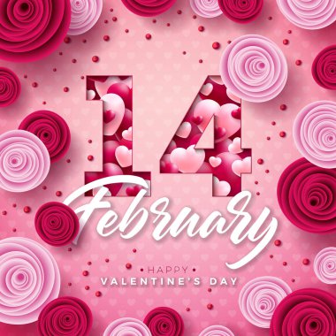 Gül Çiçeği, Kalp ve Açık Pembe Arkaplanda 14 Şubat Typography Letter ile Sevgililer Günü Tasarımı 'nız kutlu olsun. Vector Love, Wedding ve Romantik Sevgililer Günü Teması Flyer ve Tebrik Kartı İllüstrasyonu