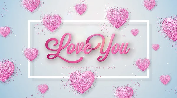 Kocham Cię. Happy Valentines Day Design with Glittered Heart and Typography List on Shiny Light Background. Wektor Ślub i romantyczny Valentine Theme Ilustracja ulotki, Karta okolicznościowa, Baner — Wektor stockowy