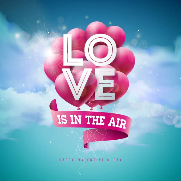 Ik hou van je. Gelukkige Valentijnsdag Ontwerp met Rode Ballon Hart en Typografie Brief op Cloud Sky Achtergrond.Vector Bruiloft en Romantische Valentijn Thema Illustratie voor Flyer, Wenskaart, Banner — Stockvector