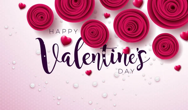 Happy Valentines Day Design met Rose Flower en Handschrift Typografie Brief op Licht Roze Achtergrond. Vector Liefde, Bruiloft en Romantische Valentijn Thema Illustratie voor Flyer, Wenskaart, Banner — Stockvector