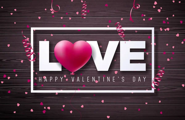 Boldog Valentin-napi design vörös szívvel, bukó Confetti és szerelmes levél Vintage fa háttér. Vector esküvői és romantikus Valentin-napi téma illusztráció szórólap, üdvözlőlap, banner — Stock Vector