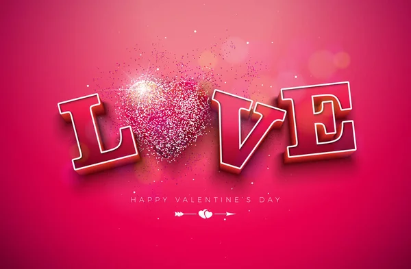 キラキラしたハートと3Dの愛の手紙で幸せなバレンタインデーのデザイン光沢のある赤の背景。フライヤー、グリーティングカード、バナー、ホリデーポスターのためのベクトル結婚式とロマンチックなバレンタインテーマイラスト — ストックベクタ