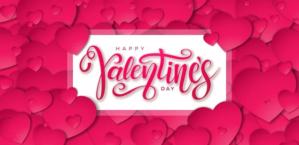 赤いハートの背景にタイポグラフィの手紙とホワイトフレームとハッピーバレンタインデーデザイン。フライヤー、グリーティングカード、バナー、休日のためのベクトル結婚式とロマンチックな愛バレンタインテーマイラスト — ストックベクタ
