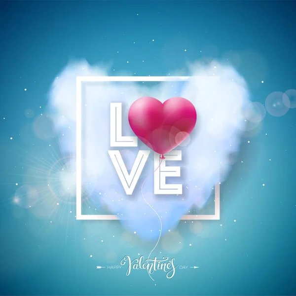 Happy Valentines Day Design with Red Balloon Heart, Cloud Shape Heart and Love Typography Letter on Blue Cloud Sky Background (en inglés). Vector boda y romántico San Valentín Tema Ilustración para folleto — Archivo Imágenes Vectoriales