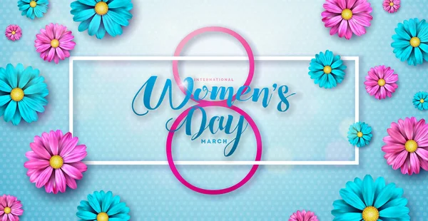 8. März. Happy Womens Day Floral Illustration. Internationaler Frauentag Vektor-Design mit Frühlingsblume auf hellblauem Hintergrund. Frau oder Muttertag Themenvorlage für Flyer, Grußkarte, Web — Stockvektor