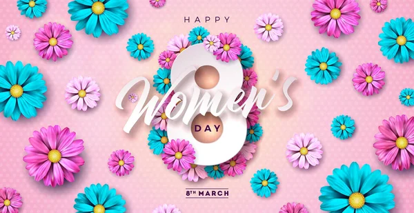 8 March. Happy Womens Day Floral Illustration. International Womens Day Vector Design with Spring Flower and 8 Number on Light Pink Background. Woman or Mother Day Theme Template for Flyer, Greeting — Stock Vector