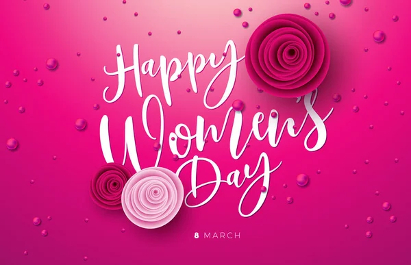 8 Μαρτίου. Χαρούμενη Ημέρα της Γυναίκας Floral Εικονογράφηση. Διεθνής Ημέρα της Γυναίκας Διάνυσμα Σχεδιασμός με τριαντάφυλλο Λουλούδι και Γράμμα Τυπογραφίας σε ροζ φόντο. Πρότυπο θέματος γυναίκας ή μητέρας ημέρας για το Flyer, χαιρετισμός — Διανυσματικό Αρχείο