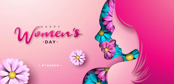 8. März. Happy Womens Day Floral Illustration. Internationaler Frauentag Vektor-Design mit Frühlingsblume und junger Gesichtssilhouette auf rosa Hintergrund. Frauen oder Muttertagsthema — Stockvektor
