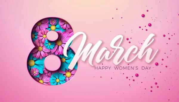 8 martie. Happy Womens Day Floral Illustration. Ziua Internațională a Femeilor Vector Design cu flori de primăvară colorate în numărul 8 pe fundal roz deschis. Femeia sau Ziua Mamei Tema șablon pentru Flyer — Vector de stoc