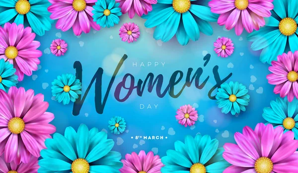 Happy Womens Day Floral Illustration. 8. März Internationaler Frauentag Vektor-Design mit bunten Frühlingsblumen auf blauem Hintergrund. Frau oder Muttertag Themenvorlage für Flyer, Grußkarte, Web — Stockvektor