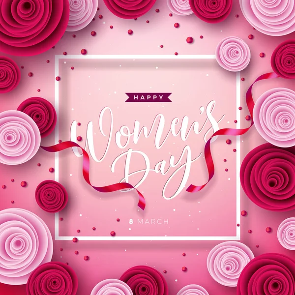 8 March. Happy Womens Day Floral Illustration. International Womens Day Vector Design with Rose Flower, Pearl and Typography Letter on Light Pink Background. Woman or Mother Day Theme Template for — Stock Vector