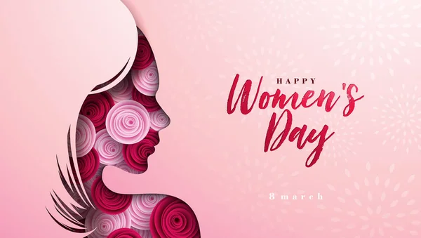 Χαρούμενη Ημέρα της Γυναίκας Floral Εικονογράφηση. 8 Μάρτιος Διεθνής Ημέρα Γυναικών Διάνυσμα Σχεδιασμός με τριαντάφυλλο λουλούδι και νεαρή γυναίκα πρόσωπο Σιλουέτα σε ροζ φόντο. Πρότυπο θέματος ημέρας γυναικών ή μητέρας για το Flyer — Διανυσματικό Αρχείο