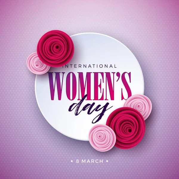 8 Μαρτίου. Χαρούμενη Ημέρα της Γυναίκας Floral Εικονογράφηση. Διεθνής Ημέρα Γυναικών Διάνυσμα Σχεδιασμός με Τριαντάφυλλο Λουλούδι και Γράμμα Τυπογραφίας σε ανοιχτό ροζ φόντο. Πρότυπο θέματος γυναίκας ή μητέρας ημέρας για το Flyer — Διανυσματικό Αρχείο