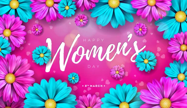 Happy Womens Day Floral Illustration. 8. März Internationaler Frauentag Vektor-Design mit bunten Frühlingsblumen auf rosa Hintergrund. Frau oder Muttertag Themenvorlage für Flyer, Grußkarte, Web — Stockvektor