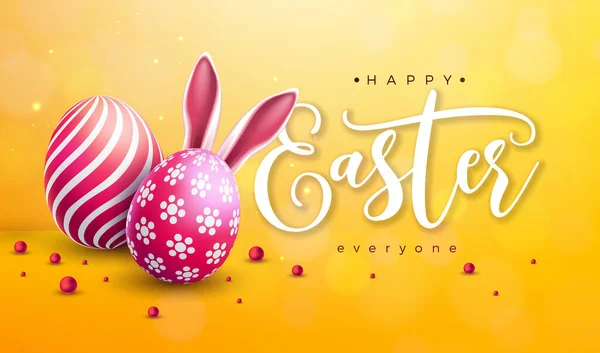 Vector Illustratie van Happy Easter Holiday met kleurrijke beschilderde eieren en konijnenoren op glanzende gele achtergrond. Pasen Dag Viering Ontwerp met Typografie Brief voor Flyer, Wenskaart, Banner — Stockvector