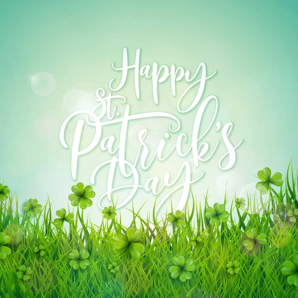 Saint Patricks Day Illustration with Green Clovers Field on Blue Sky Background. Irish St. Patricks Lucky Holiday Vector Design for Flyer, Greeting Card, Web Banner, Holiday Poster or Party — Stock Vector