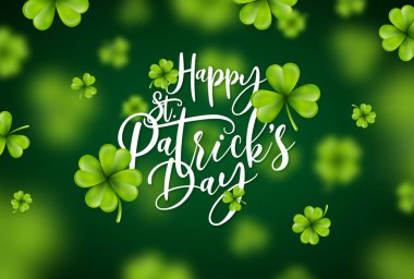 Düşen Yoncalar ve Yeşil Arkaplanda Tipografi Mektubuyla Aziz Patrick Günü İllüzyonu. İrlanda St. Patricks Şanslı Kutlama Vektör Tasarımı Flyer, Tebrik Kartı, Web Afişi, Tatil Posteri