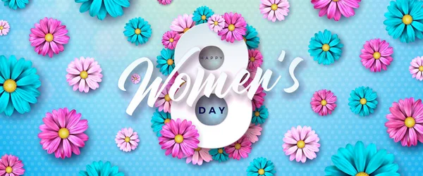 여성의 날에 대한 행복 한 삽화. 3 월 8 일 - 국제 여성의 날 Vector Design with Colorful Spring Flower on Blue Background. Lady or Mother Day Theme Template for Flyer, Greeting Card, Web — 스톡 벡터