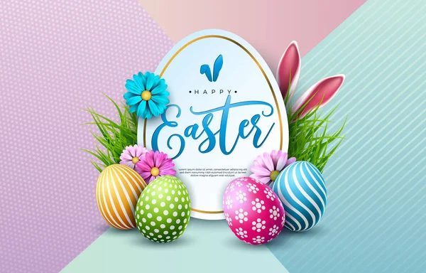 Renkli Boyalı Yumurta, Tavşan Kulağı ve Pastel Renk Arkaplanındaki Bahar Çiçeği ile Mutlu Paskalya Tatili 'nin Vektör İllüstrasyonu. Tebrik kartı için Typography ile Uluslararası Kutlama Tasarımı — Stok Vektör