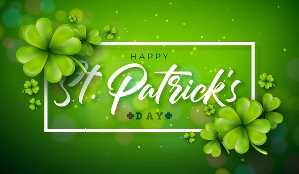 Saint Patricks Day Illustration med fallande klöver och typografi brev på grön bakgrund. Irish St. Patricks Lucky Celebration Vector Design för Flyer, gratulationskort, Webb Banner, Holiday Poster — Stock vektor