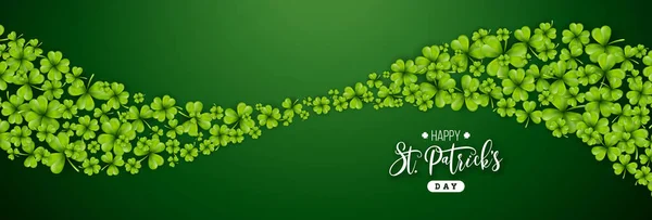 San Patricks Day Illustrazione con foglie di trifoglio volante e lettera tipografica su sfondo verde. Irish St. Patricks Lucky Celebration Vector Design per Flyer, biglietto di auguri, banner web, vacanze — Vettoriale Stock
