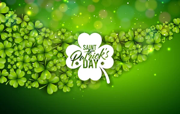 Saint Patricks Day Illustration med flygande klöverblad och typografi brev på grön bakgrund. Irish St. Patricks Lucky Celebration Vector Design för Flyer, gratulationskort, Webb Banner, Holiday — Stock vektor