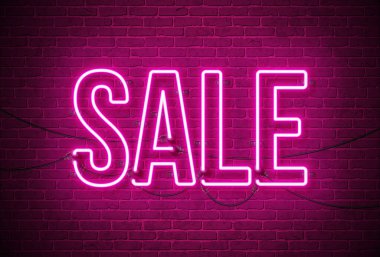 Promosyon İş Teması Tasarımı Parlayan Satış Neon Işık Mektubu Tuğla Duvarı Arkaplanında. Coupon, Makbuz, Bayrak, Flyer, Tanıtım Posteri, Davetiye veya