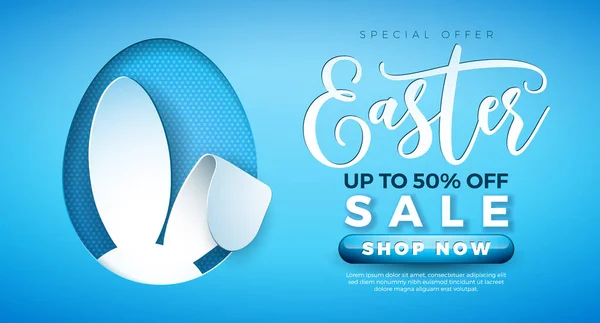 Easter Sale Illustration with Cute Rabbit Ears in Egg Shape on Light Blue Background (dalam bahasa Inggris). Templat Desain Liburan Paskah Vektor untuk Kupon, Banner Web, Voucher atau Poster Promosi. - Stok Vektor