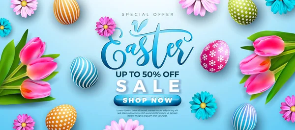 Easter Sale Illustration with Colorful Painted Egg, Spring Flower and Tulip on Light Blue Background (англійською). Vector Easter Holiday Design Template for Coupon, Web Banner, Voucher or Promotional Poster. — стоковий вектор