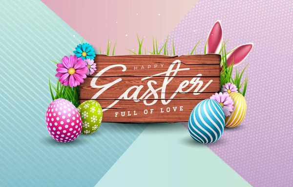 Renkli Boyalı Yumurta, Bahar Çiçeği ve Tavşan Kulaklı Soyut Pastel Arkaplanlı Mutlu Paskalya Tatili. Tebrik kartı için Typography ile Uluslararası Kutlama Tasarımı — Stok Vektör