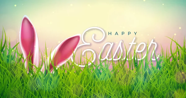 Vector Feliz Pascua Ilustración con orejas de conejo en el fondo de hierba de la naturaleza. Diseño Internacional de Celebración de Primavera con Tipografía para Tarjeta de Saludo, Invitación de Fiesta o Banner Promocional. — Vector de stock