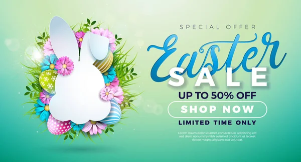Easter Sale Illustration with Color Painted Egg, Spring Flower and Rabbit Face Shape on Light Green Background. Vector Easter Holiday Design Template for Coupon, Web Banner, Voucher or Promotional — Stock Vector