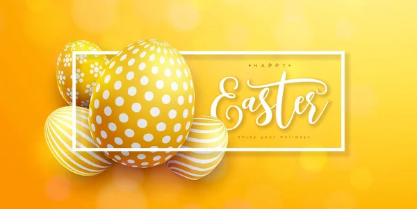 Вектор праздника Пасхи с пасхальным яйцом на желтом фоне. Международный дизайн пасхальных праздников с типографикой для поздравительной открытки, приглашения на вечеринку или рекламного баннера. — стоковый вектор