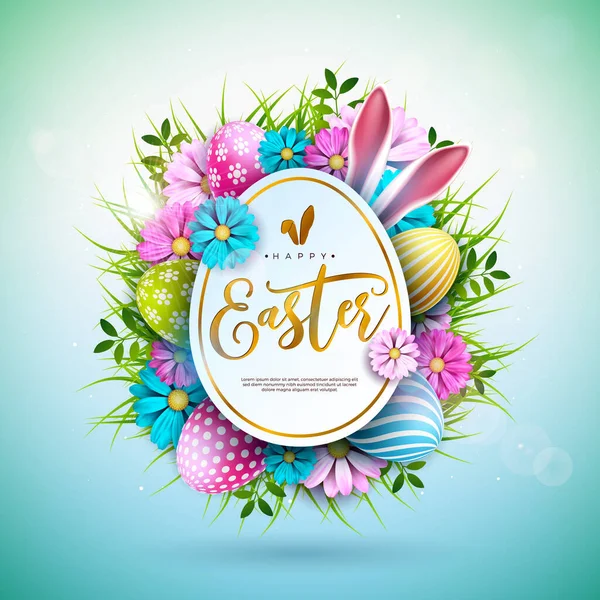 Painted EggRabbit Ears ve Bahar Çiçeği ile Parlak Mavi Arkaplanda Mutlu Paskalya Tatili. Selamlama İçin Tavşan Şekli ve Tipografili Uluslararası Kutlama Tasarımı — Stok Vektör