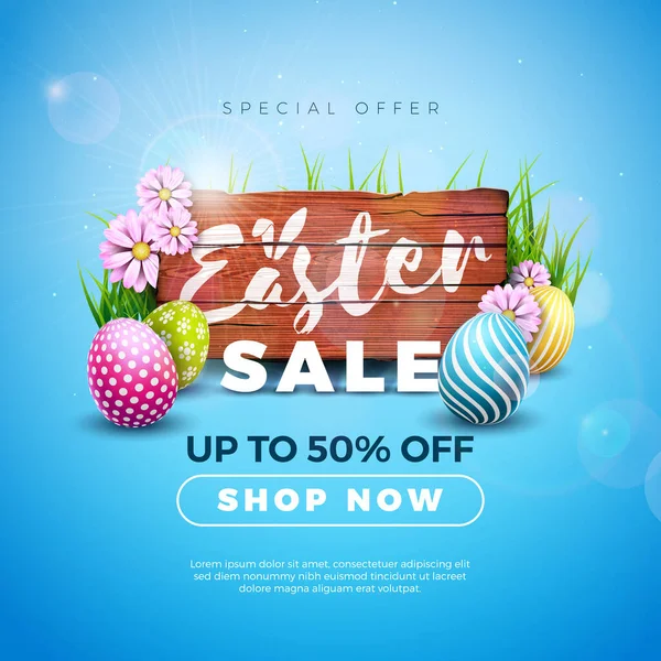 Easter Sale Illustration with Color Painted Egg and Spring Flower on Blue Background. Vector Easter Holiday Design Template for Coupon, Banner, Voucher or Promotional Poster. — Stock Vector