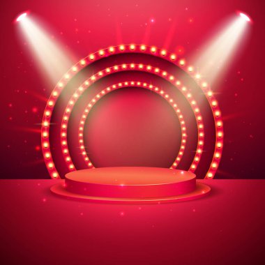 Sahne Podyumu ve Kırmızı Arkaplanda Ödül Töreni ile Kutlama Tasarımı. Flyer, Greeting Card, Banner, Holiday Poster veya Party Davetiyesi İçin Spotlight İllüstrasyonlu Vektör Festivali.