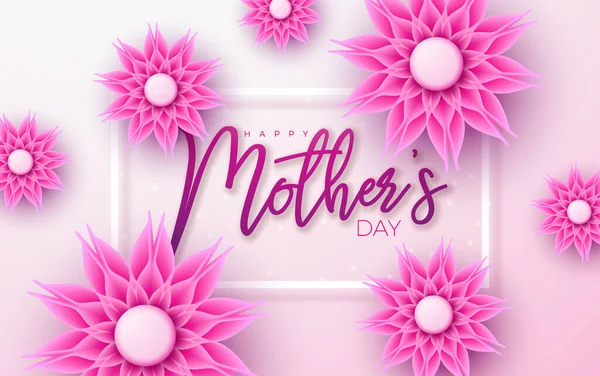 Happy Mothers Day disegno biglietto di auguri con fiore e tipografia Lettera su sfondo rosa chiaro. Modello di illustrazione della celebrazione vettoriale per banner, volantino, invito, brochure, poster. — Vettoriale Stock