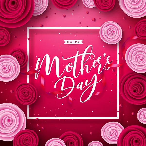 Happy Mothers Day disegno biglietto di auguri con Rose Flower e tipografia Lettera su sfondo rosso. Modello di illustrazione della giornata della mamma vettoriale per banner, volantino, invito, brochure, poster. — Vettoriale Stock