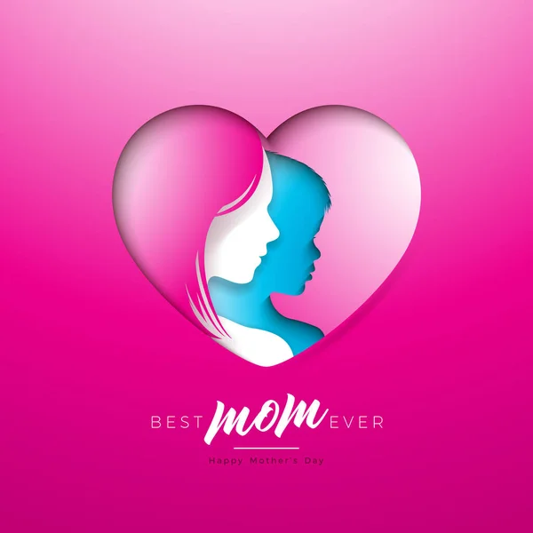 Happy Moederdag wenskaart ontwerp met vrouw en kind gezicht silhouet in hart vorm op roze achtergrond. Vector Moederdag Illustratie voor Banner, Flyer, Uitnodiging, Brochure, Affiche. — Stockvector