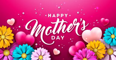 Kırmızı Arkaplanda Bahar Çiçeği, Kalp ve Typography Letter ile Anneler Günü İllüzyonunuz kutlu olsun. Kutlama Kart, Bayrak, Flyer, Davet, Broşür, Poster için Vektör Tasarım Şablonu.