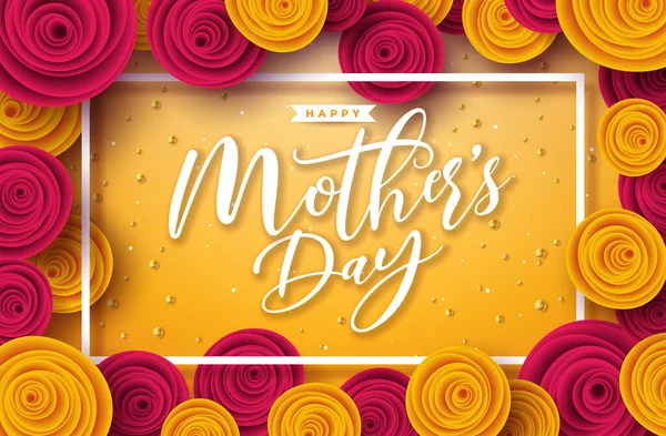 Happy Mothers Day Illustrazione con Rose Flower, Pearl e lettera tipografica su sfondo giallo. Modello di progettazione della celebrazione vettoriale per biglietto di auguri, banner, volantino, invito, brochure, poster. — Vettoriale Stock