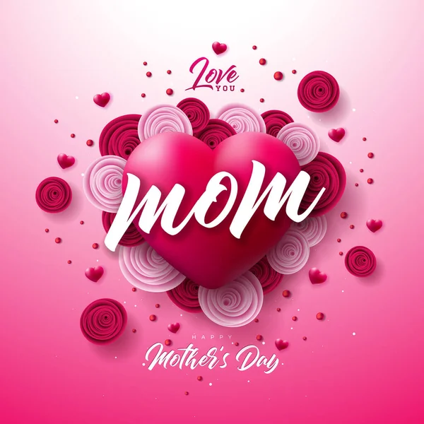 Happy Mothers Day Illustration mit Rose Flower und Red Loving Heart auf rosa Hintergrund. Vector Celebration Design-Vorlage für Grußkarte, Banner, Flyer, Einladung, Broschüre, Plakat. — Stockvektor