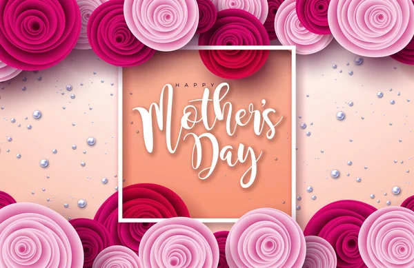 Happy Mothers Day Illustrazione con Rose Flower, Pearl e lettera tipografica su sfondo rosa chiaro. Modello di progettazione della celebrazione vettoriale per biglietto di auguri, banner, volantino, invito, brochure — Vettoriale Stock