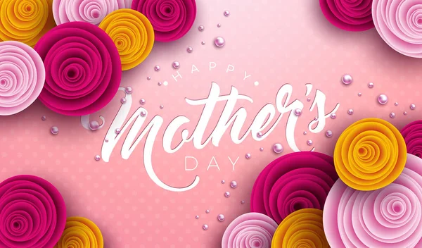 Happy Mothers Day Illustrazione con Rose Flower, Pearl e lettera tipografica su sfondo rosa. Modello di progettazione della celebrazione vettoriale per biglietto di auguri, banner, volantino, invito, brochure, poster. — Vettoriale Stock