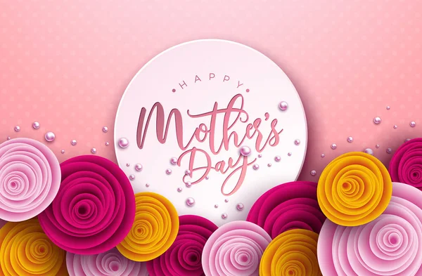 Happy Mothers Day Illustrazione con Rose Flower, Pearl e lettera tipografica su sfondo rosa. Modello di progettazione della celebrazione vettoriale per biglietto di auguri, banner, volantino, invito, brochure, poster. — Vettoriale Stock