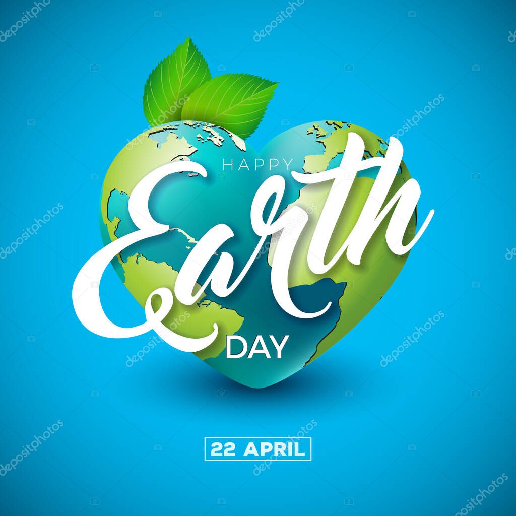 Earth Day Illustration with Planet in the Heart Shape and Green Leaf on Blue Background. April 22 Environment World Map Concept. Vector Save the Planet Design for Banner, Poster or Greeting Card
