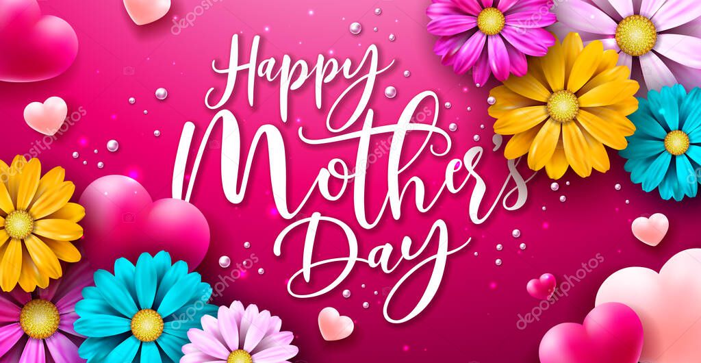 Happy Mothers Day Illustration with Spring Flower, Heart and Typography Letter on Red Background. Vector Celebration Design Template for Greeting Card, Banner, Flyer, Invitation, Brochure, Poster