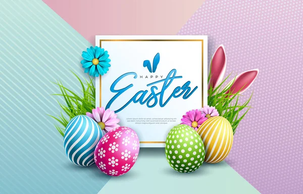 Renkli Boyalı Yumurta, Bahar Çiçeği ve Soyut Pastel Arkaplanda Tavşan Kulaklı Mutlu Paskalya Resimleri. Uluslararası Kutlama Kartı, Parti Daveti veya İnternet Sancağı Tatil Tasarımı. — Stok Vektör