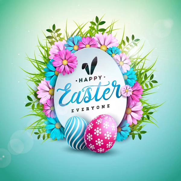 Happy Easter Illustration met kleurrijk beschilderd ei en lentebloem op blauwe achtergrond. Vector Easter Day Celebration Design voor Flyer, wenskaart, banner, vakantieposter of Party Invitation. — Stockvector