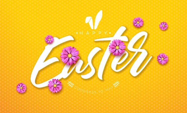 Ilustração feliz Páscoa com flor de primavera e Orelhas de coelho Símbolo no fundo amarelo. Projeto da celebração do dia de Páscoa do vetor para o folheto, cartão da saudação, bandeira, cartaz do feriado ou convite do partido. — Vetor de Stock